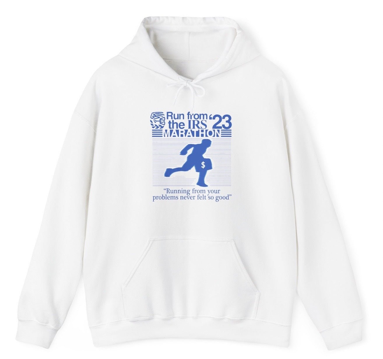 "Bold 'Run From The IRS Marathon' hoodie featuring tax evasion humor, perfect for fans of edgy tax jokes and defund-IRS statements."