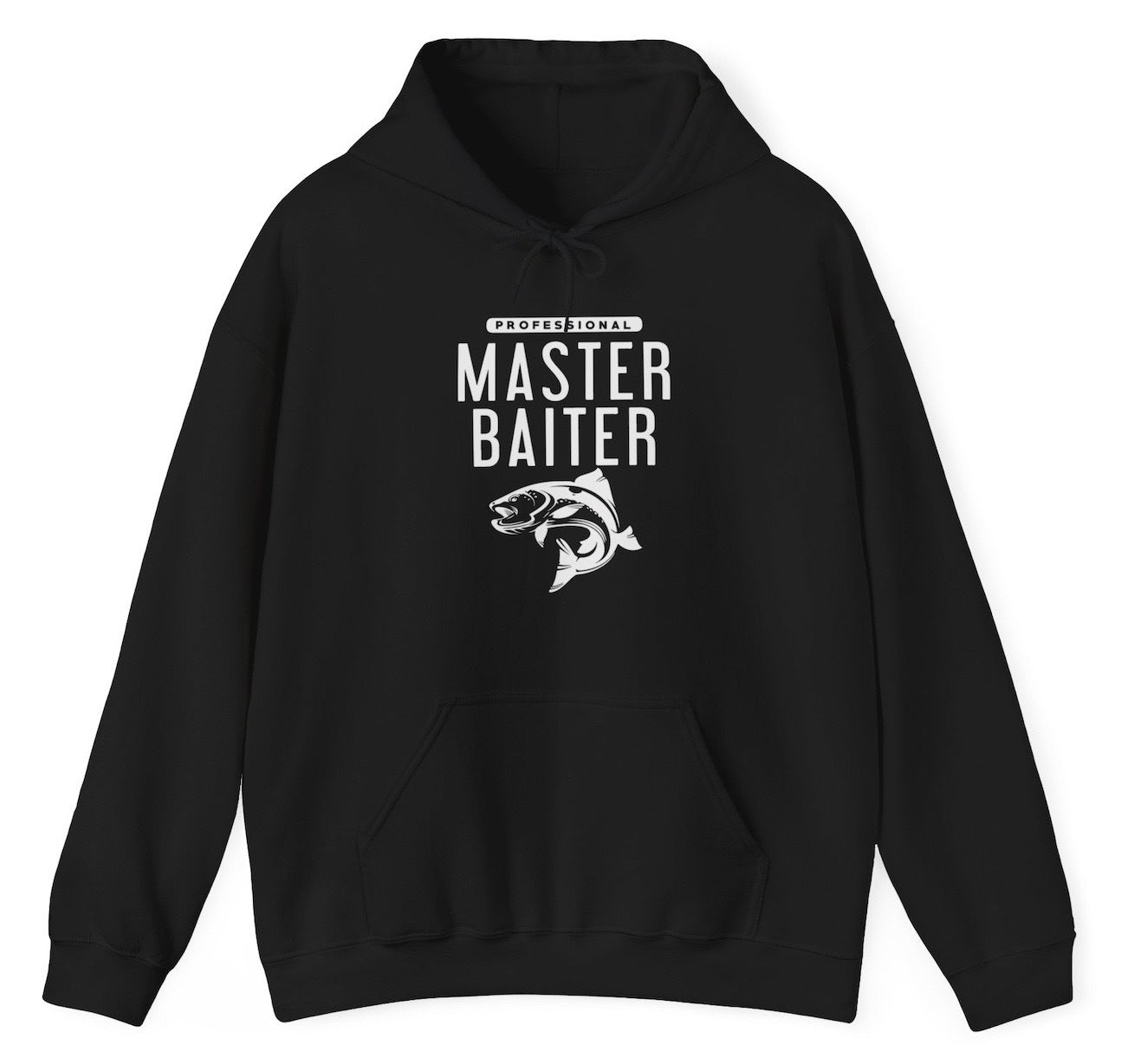 "Funny 'Master Baiter' hoodie featuring inappropriate fishing humor, perfect for adult humor fans and fishing enthusiasts."