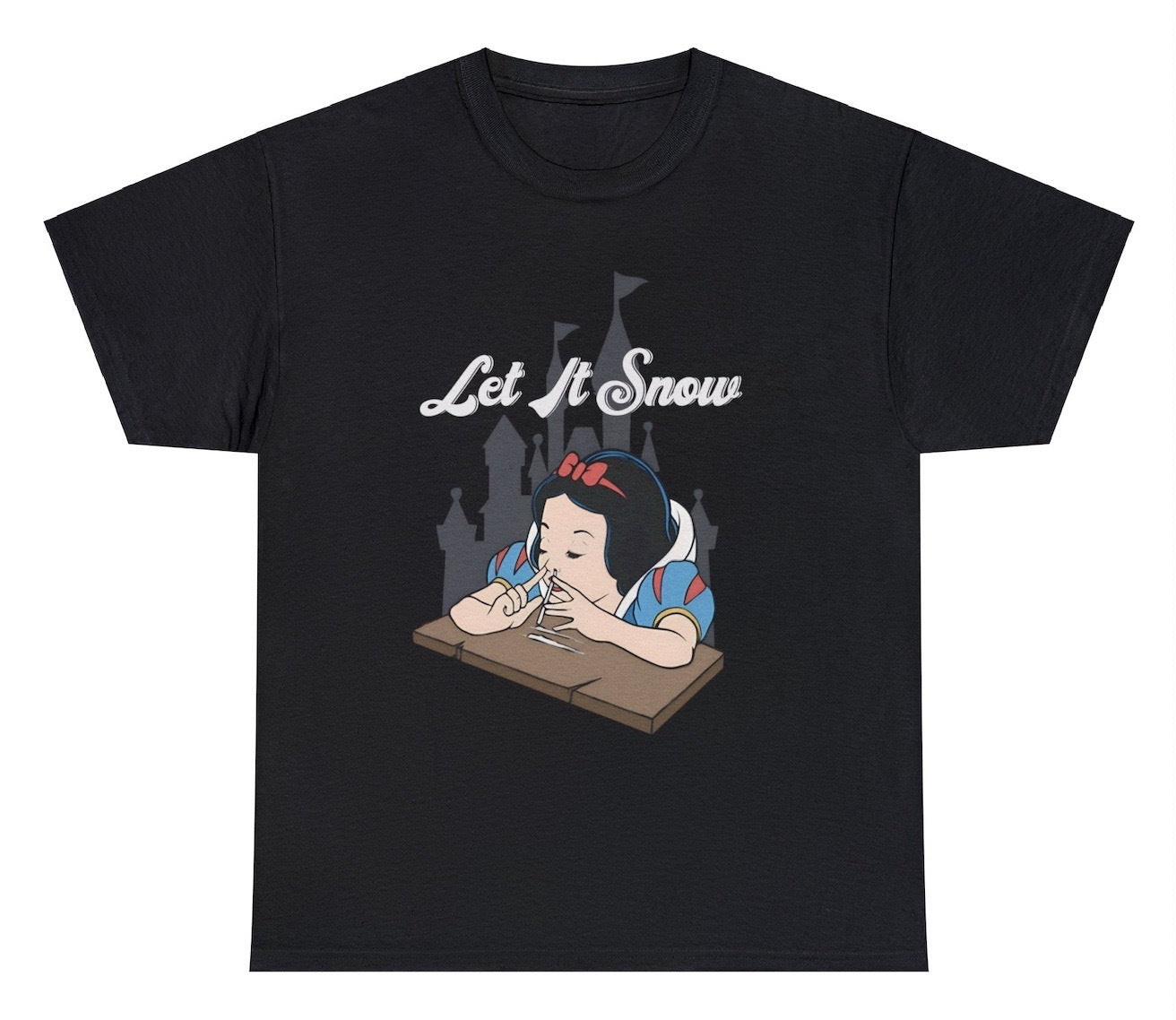 "Playful 'Let It Snow - Snow White' t-shirt featuring clever wordplay and pop culture references, perfect for Disney and humor fans."