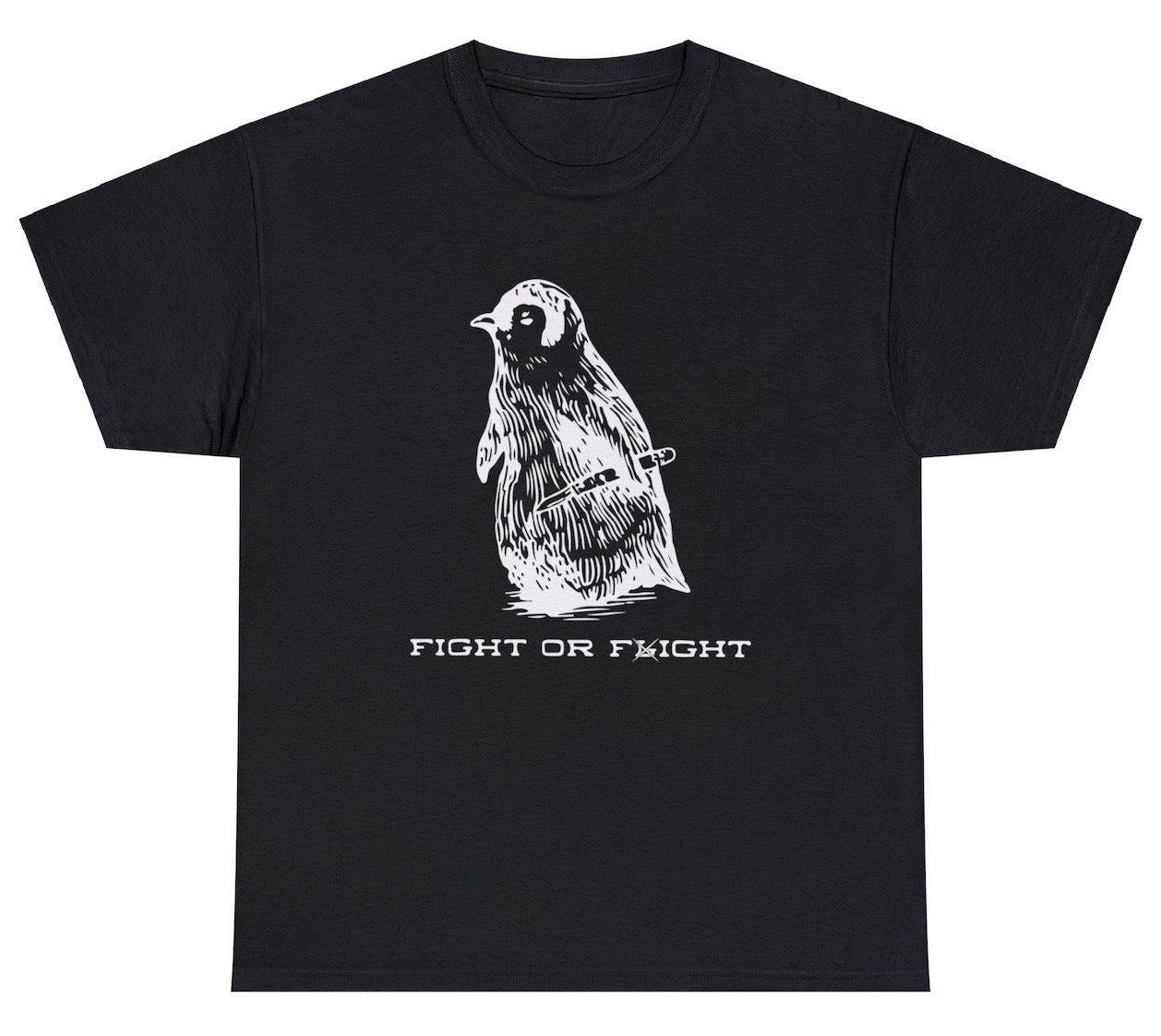 "Funny 'Penguin Fight or Flight' t-shirt featuring quirky animal humor and bold design, perfect for fans of animal-themed graphic tees."