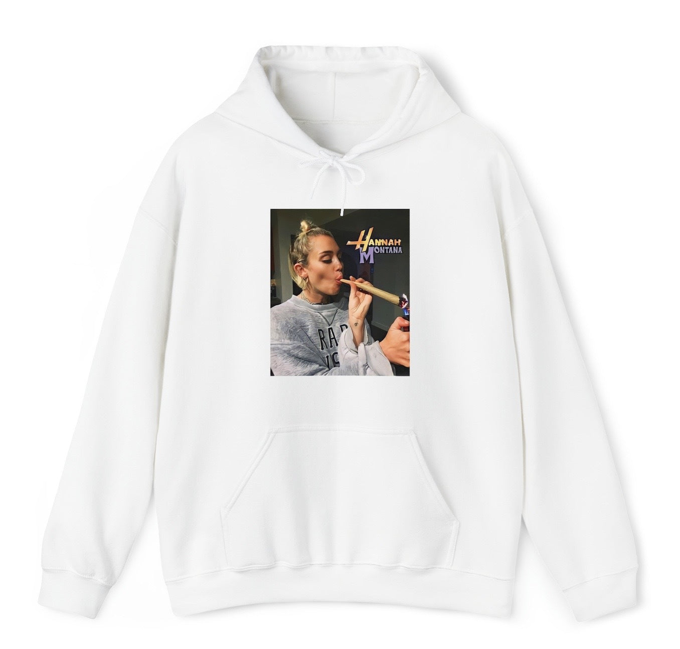 "Funny 'Hannah Montana' hoodie featuring a meme of Miley Cyrus smoking weed, perfect for fans of edgy humor and nostalgic memes."