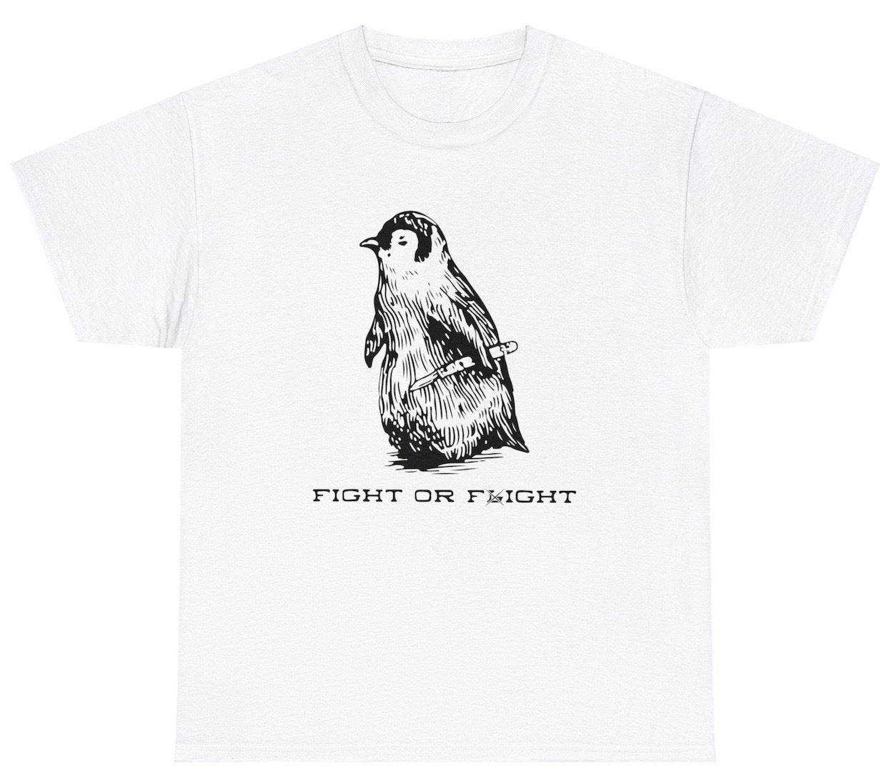"Funny 'Penguin Fight or Flight' t-shirt featuring quirky animal humor and bold design, perfect for fans of animal-themed graphic tees."