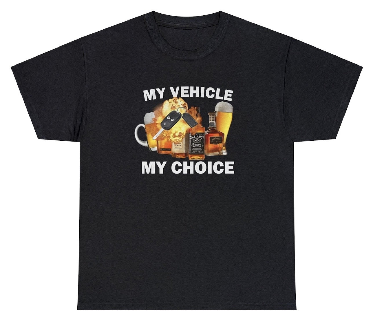 "Bold 'My Vehicle My Choice V2' t-shirt featuring witty automotive humor, perfect for car enthusiasts and fans of bold statements."