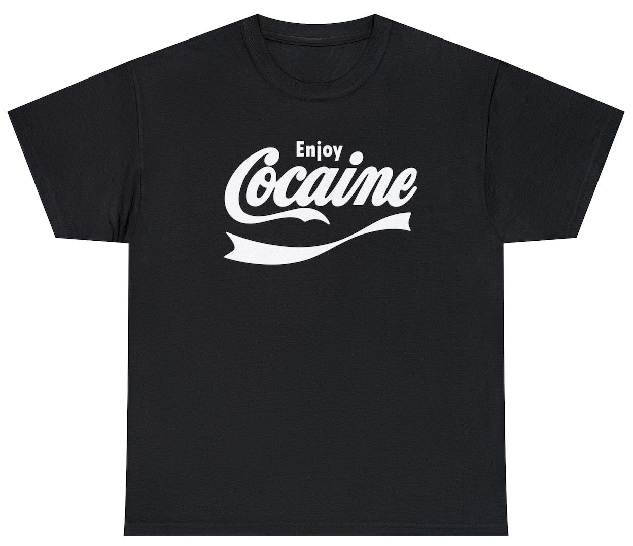 "Funny 'Enjoy Cocaine' Coca Cola parody t-shirt featuring bold, sarcastic humor, perfect for fans of edgy and rebellious designs."