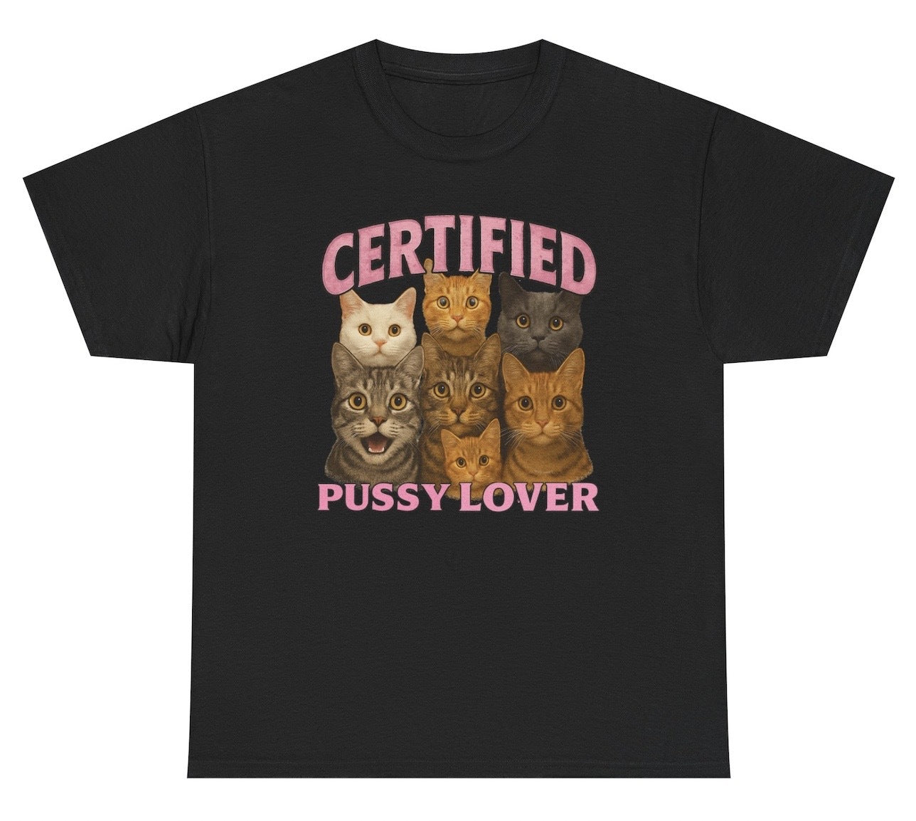 Certified Pussy Lover T Shirt with bold adult humor text and cute cat collage, perfect for inappropriate cat lovers who enjoy edgy and funny graphic tees.