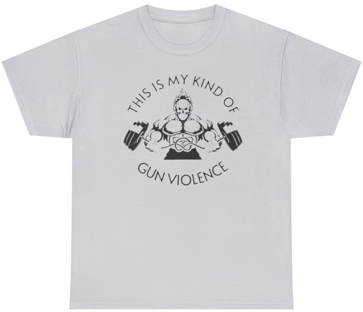 Funny Gun Violence T-Shirt featuring dark humor and meme-inspired satire, perfect for casual wear and humor lovers.