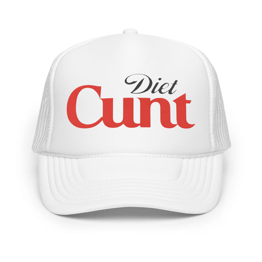 Crazy funny trucker hat for men with bold parody text styled like a soda logo that says “Diet Cunt” — an inappropriate mesh-back hat for fans of offensive humor, hilarious hat sayings, and unhinged party energy.
