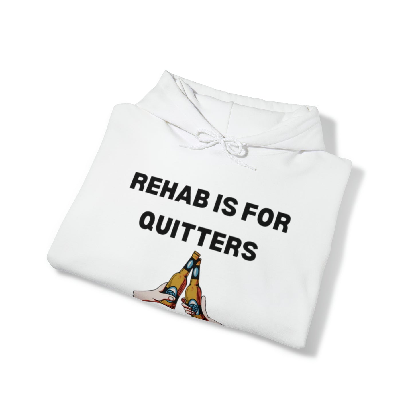 "Funny 'Rehab Is For Quitters' t-shirt featuring gym and drinking humor, perfect for fans of edgy, sarcastic designs and bold jokes."