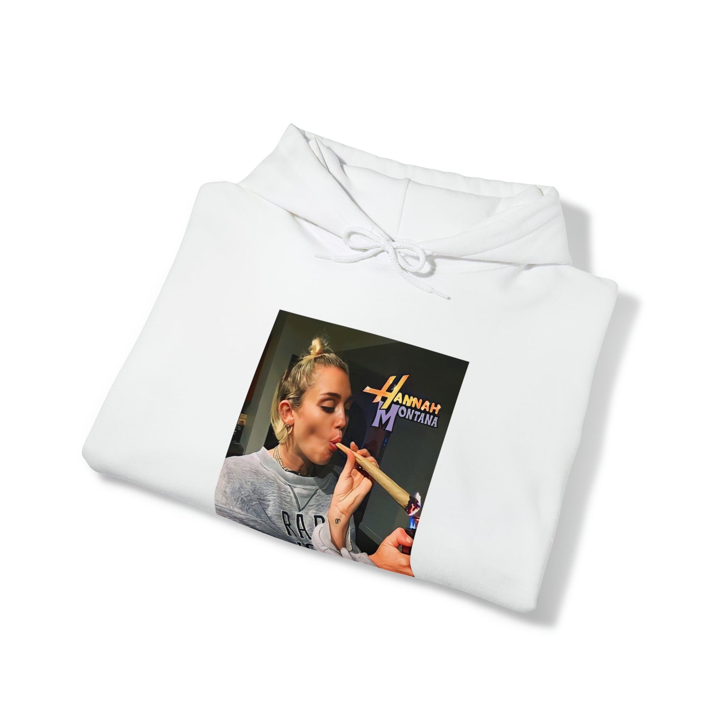 "Funny 'Hannah Montana' hoodie featuring a meme of Miley Cyrus smoking weed, perfect for fans of edgy humor and nostalgic memes."