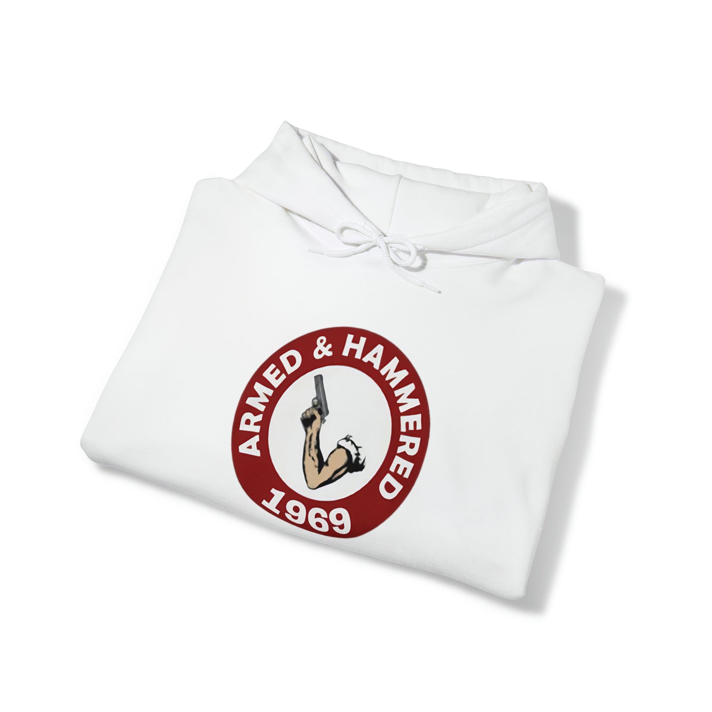 "Funny 'Mens Armed and Hammered 1969' hoodie featuring drinking and gym humor, perfect for fitness enthusiasts with a sense of humor."