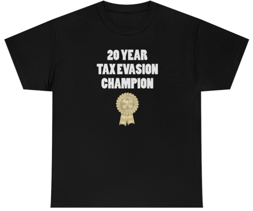 Funny 20 Year Tax Evasion Award T-Shirt featuring sarcastic humor and meme-inspired design, perfect for casual wear and humor lovers.