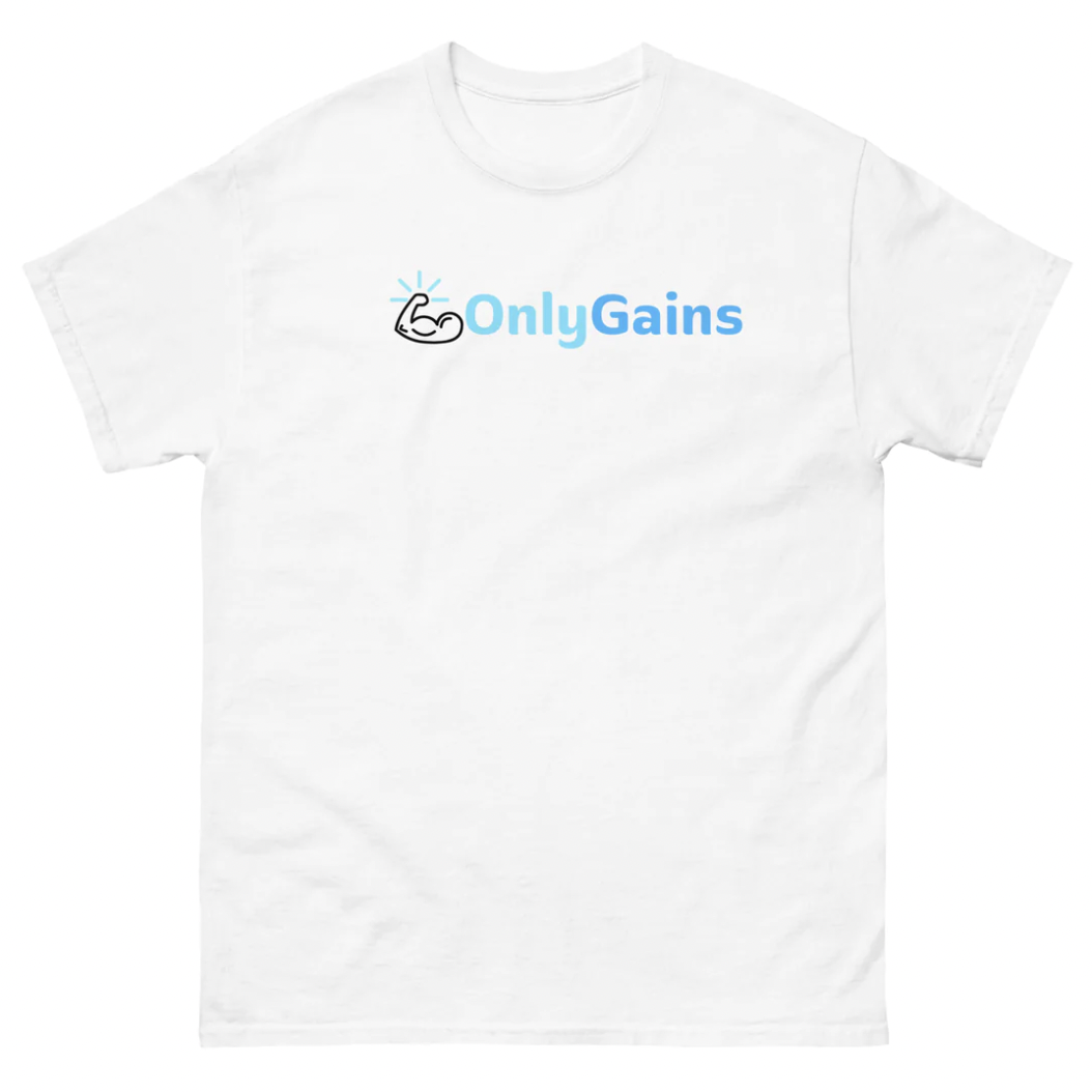 Funny Onlygains T-Shirt featuring adult humor and meme-inspired design, perfect for casual gym wear and humor lovers.