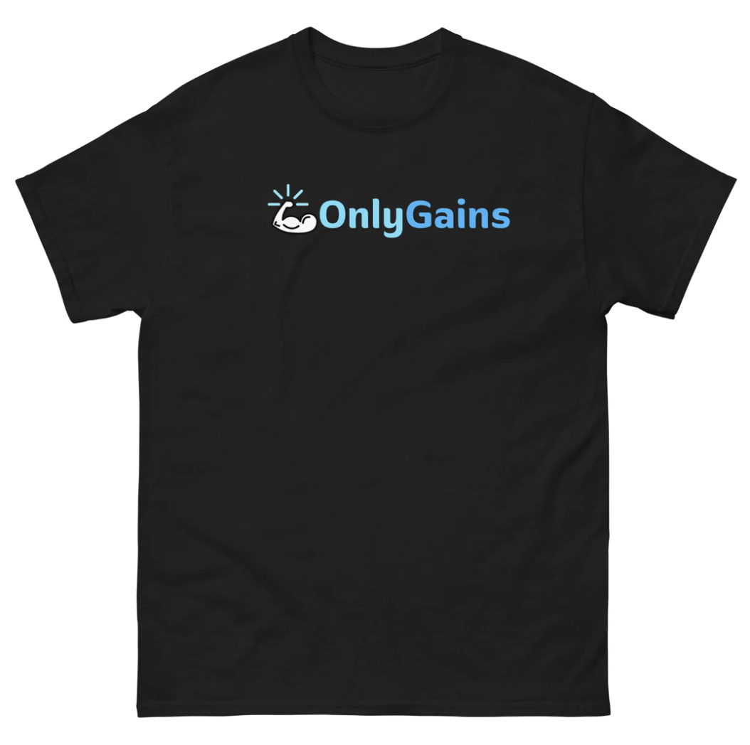 Funny Onlygains T-Shirt featuring adult humor and meme-inspired design, perfect for casual gym wear and humor lovers.