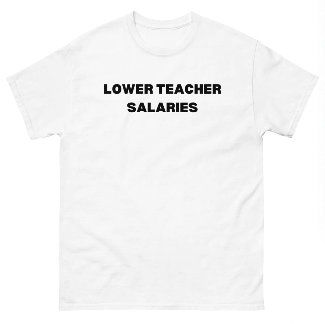 Funny Lower Teacher Salary T-Shirt featuring dark humor and meme-inspired design, perfect for casual wear and humor lovers.