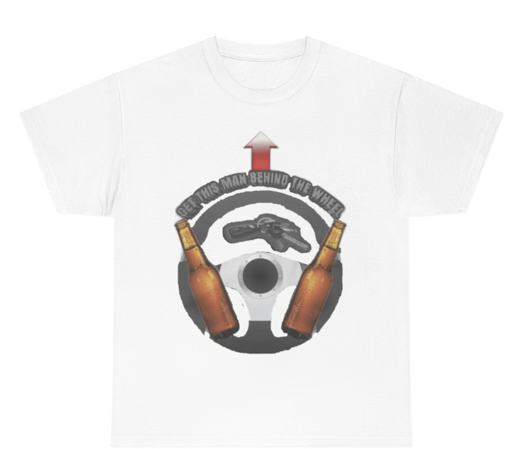 Funny Get This Man Behind The Wheel T-Shirt featuring driving humor and meme-inspired design, perfect for casual wear and humor lovers.