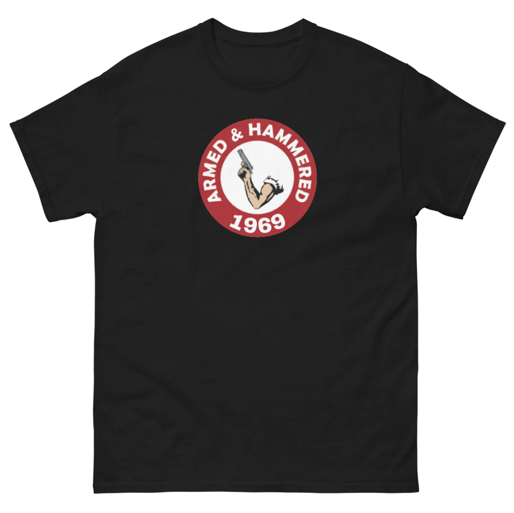 Funny Armed and Hammered 1969 T-Shirt featuring drinking humor and meme-inspired design, perfect for casual wear and humor lovers.