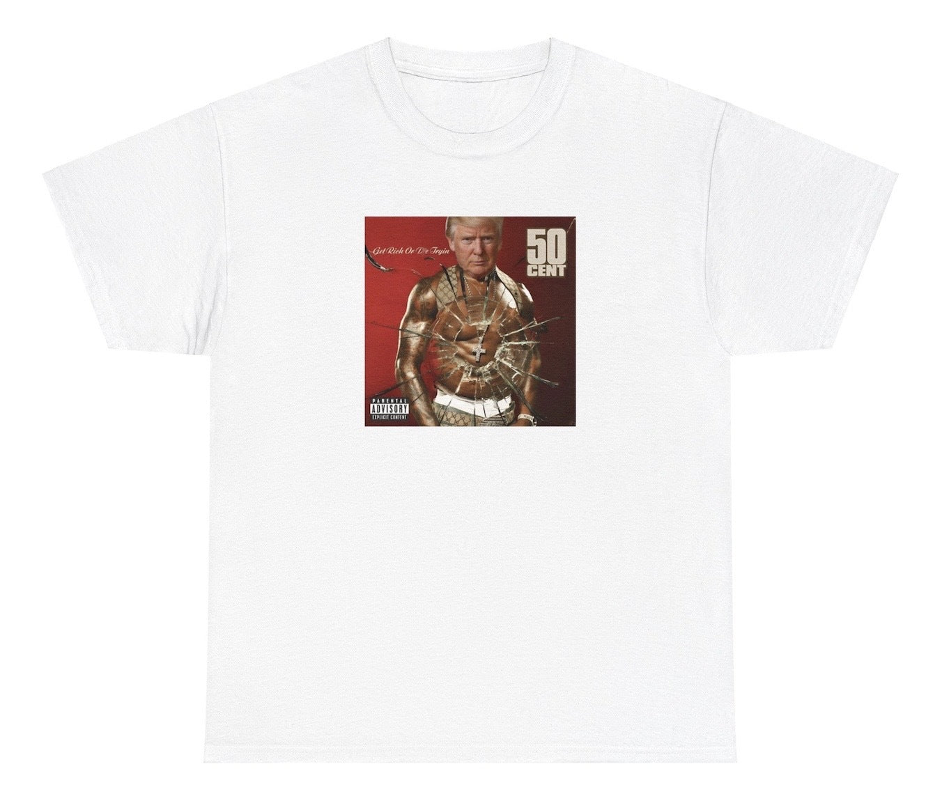 Funny "Trump Assassination Shot 50 Cent Album" t shirt blending political satire with a hip hop reference. Great for fans of bold humor, political jokes, and gag gifts.

