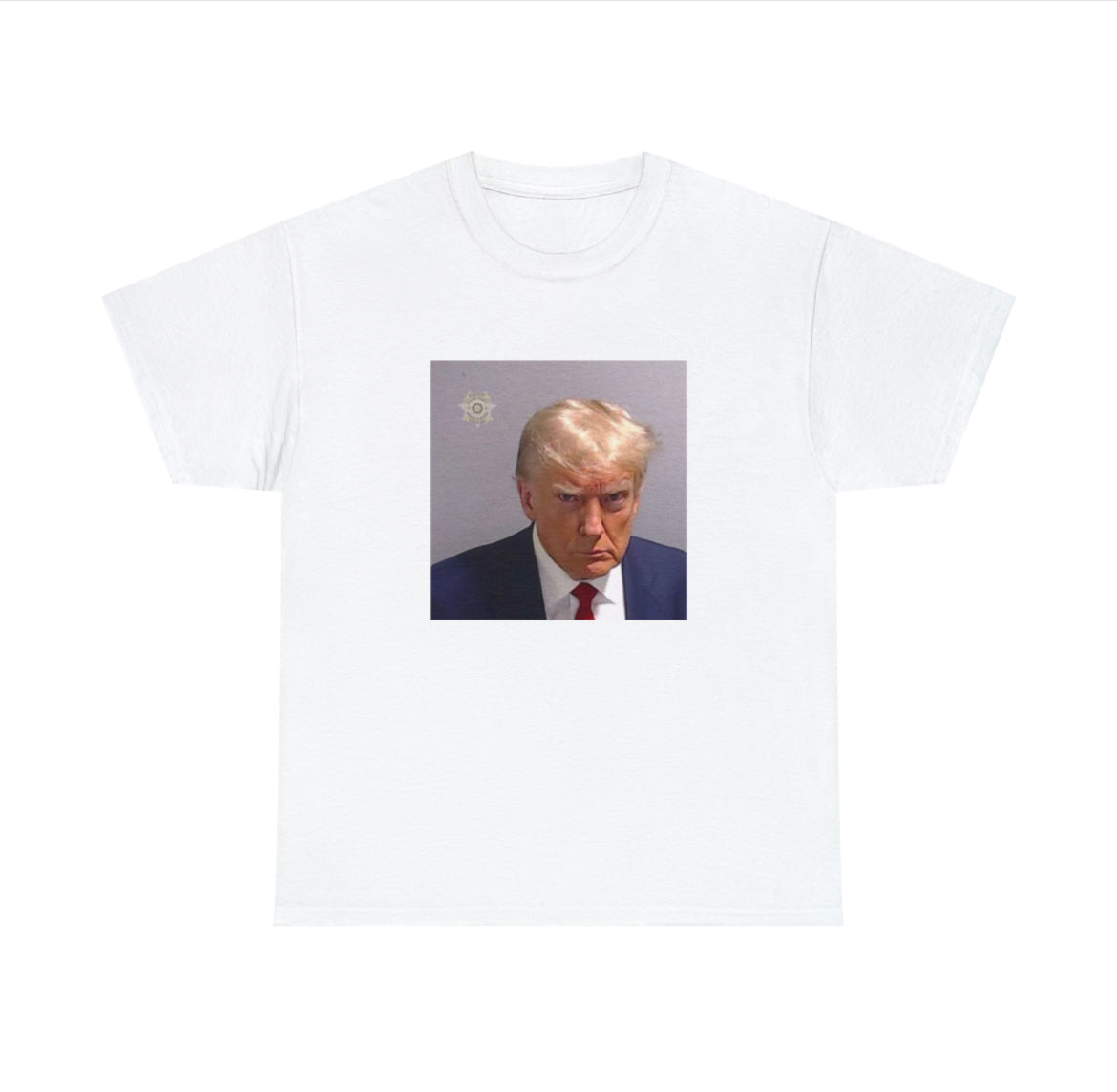 "Bold 'Real Donald Trump Mugshot' t-shirt featuring viral political humor and edgy design, perfect for fans of daring jokes and political satire."

