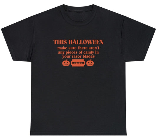 "Bold 'Razor Blade Candy Halloween' t-shirt featuring dark humor, perfect for fans of edgy Halloween apparel and daring designs."

