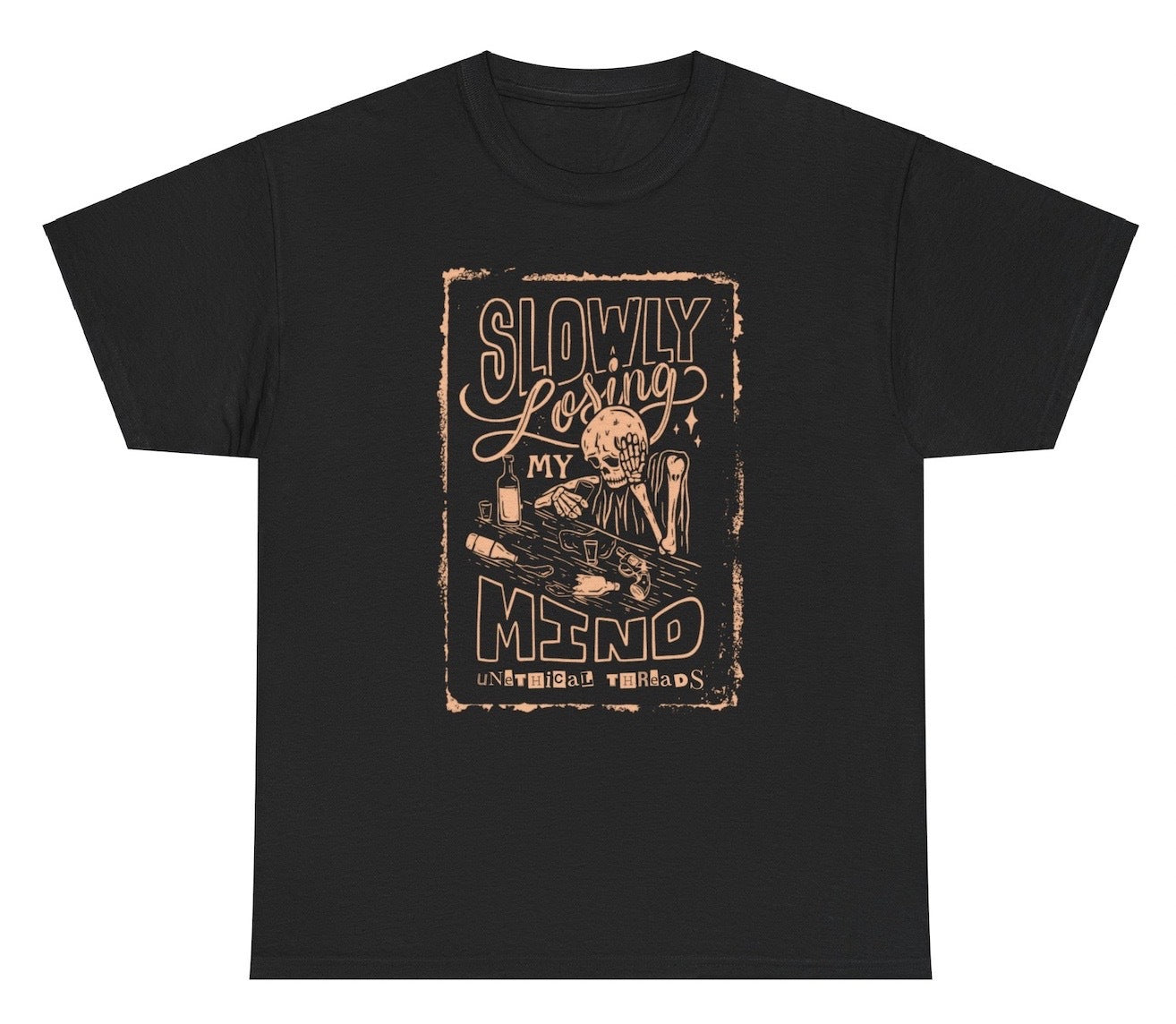 Funny "Slowly Losing My Mind" shirt featuring an alcoholic skeleton, perfect for Halloween. Ideal for fans of dark humor and spooky jokes. Great for casual wear, Halloween parties, and gag gifts.