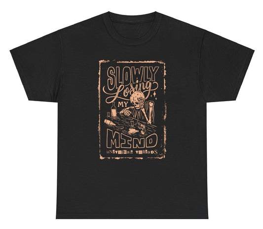 Funny "Slowly Losing My Mind" shirt featuring an alcoholic skeleton, perfect for Halloween. Ideal for fans of dark humor and spooky jokes. Great for casual wear, Halloween parties, and gag gifts.