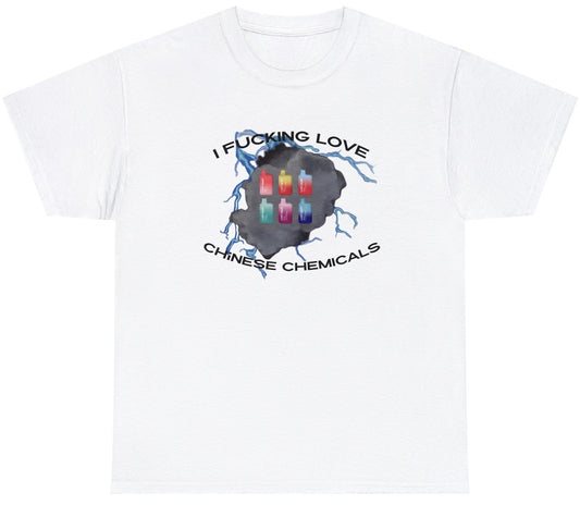 "Bold 'I Fucking Love Chinese Chemicals V2' tee featuring sarcastic humor and viral meme culture, perfect for fans of edgy humor."

