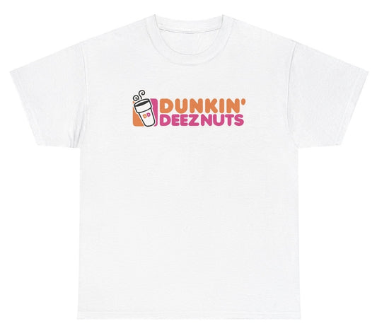 "Funny 'Dunkin Deeznuts' t-shirt, perfect for coffee lovers and fans of viral humor. Great for casual wear and gag gifts."

