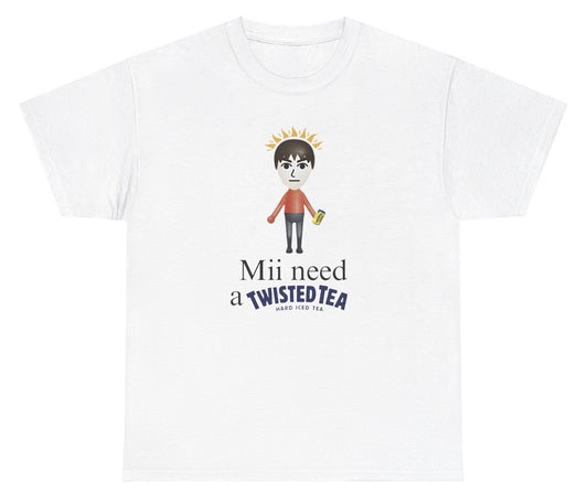 Funny "Mii Need A Twisted Tea" t shirt featuring a play on the Mii character and Twisted Tea. Perfect for fans of drink humor and wordplay. Great for casual wear or as a gag gift for Twisted Tea lovers.