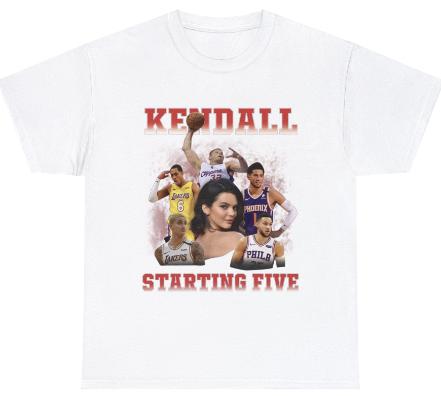 Funny Kendall Starting 5 T-Shirt featuring celebrity basketball meme humor, ideal for pop culture fans and casual wear.

