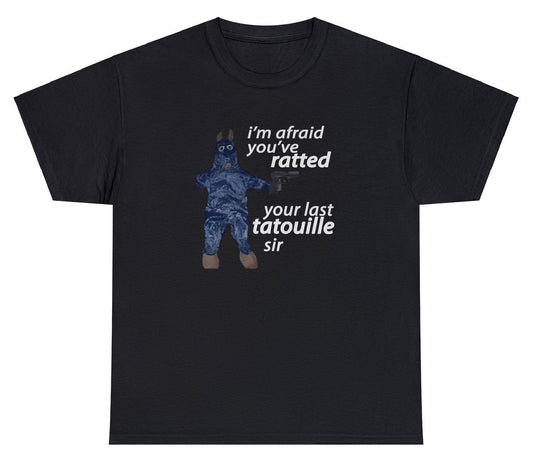 "Fun 'Ratatouille' t-shirt featuring playful and nostalgic movie reference, perfect for fans of animated films and quirky designs."

