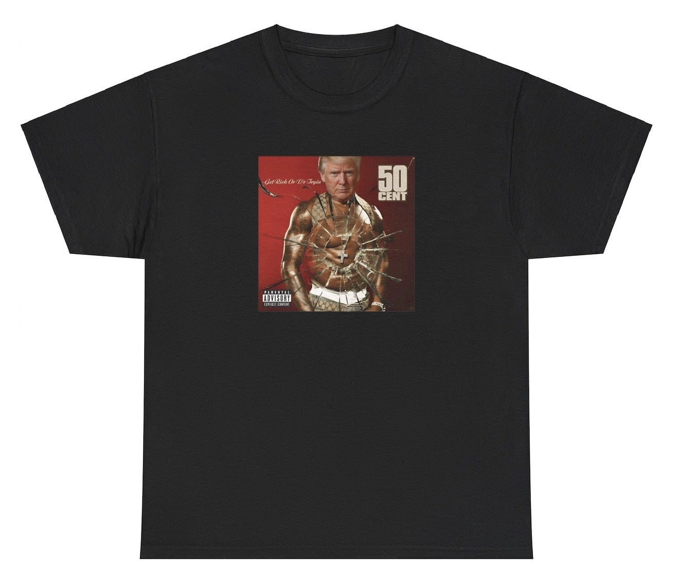 Funny "Trump Assassination Shot 50 Cent Album" t shirt blending political satire with a hip hop reference. Great for fans of bold humor, political jokes, and gag gifts.

