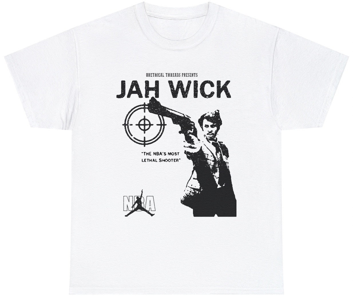 Funny Jah Wick Ja Morant Gun T-Shirt featuring dark humor and NBA meme-inspired design, ideal for basketball fans and humor lovers.

