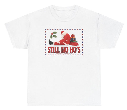 Funny "Still No Ho's" Santa shirt featuring a sad Santa with bold holiday humor. Perfect for casual wear, Christmas parties, and gag gifts.