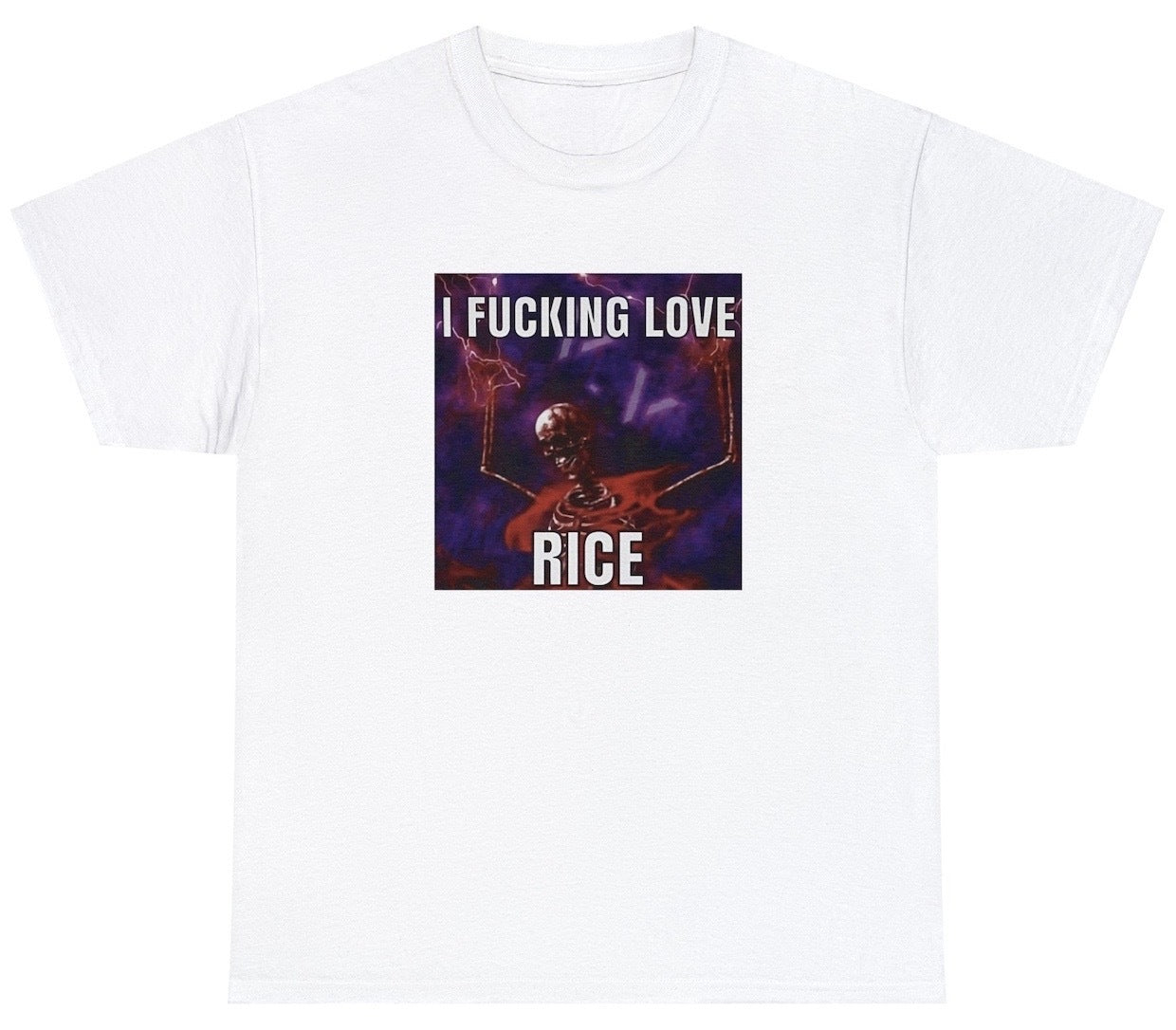 "Bold 'I Fucking Love Rice' t-shirt featuring playful food-themed humor, perfect for fans of quirky designs and food lovers."

