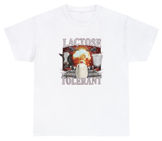 "Quirky 'Lactose Tolerant' t-shirt featuring playful food humor, perfect for fans of dairy puns and funny designs."

