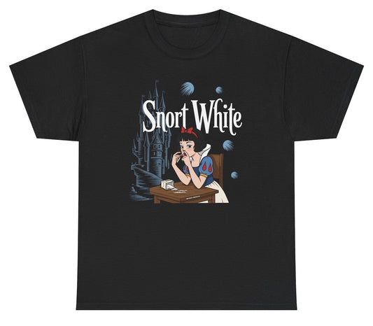 Funny Snort White T-Shirt featuring dark humor and drug meme parody, perfect for casual wear and humor lovers.
