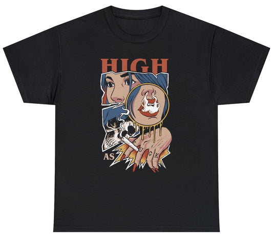 "Bold 'High As Fuck' t-shirt featuring weed smoking and 420 humor, perfect for fans of cannabis culture and rebellious designs."

