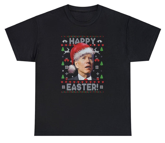 "Humorous 'Happy Easter Sleepy Joe Biden Xmas' t-shirt featuring political parody and holiday humor, perfect for fans of bold designs."

