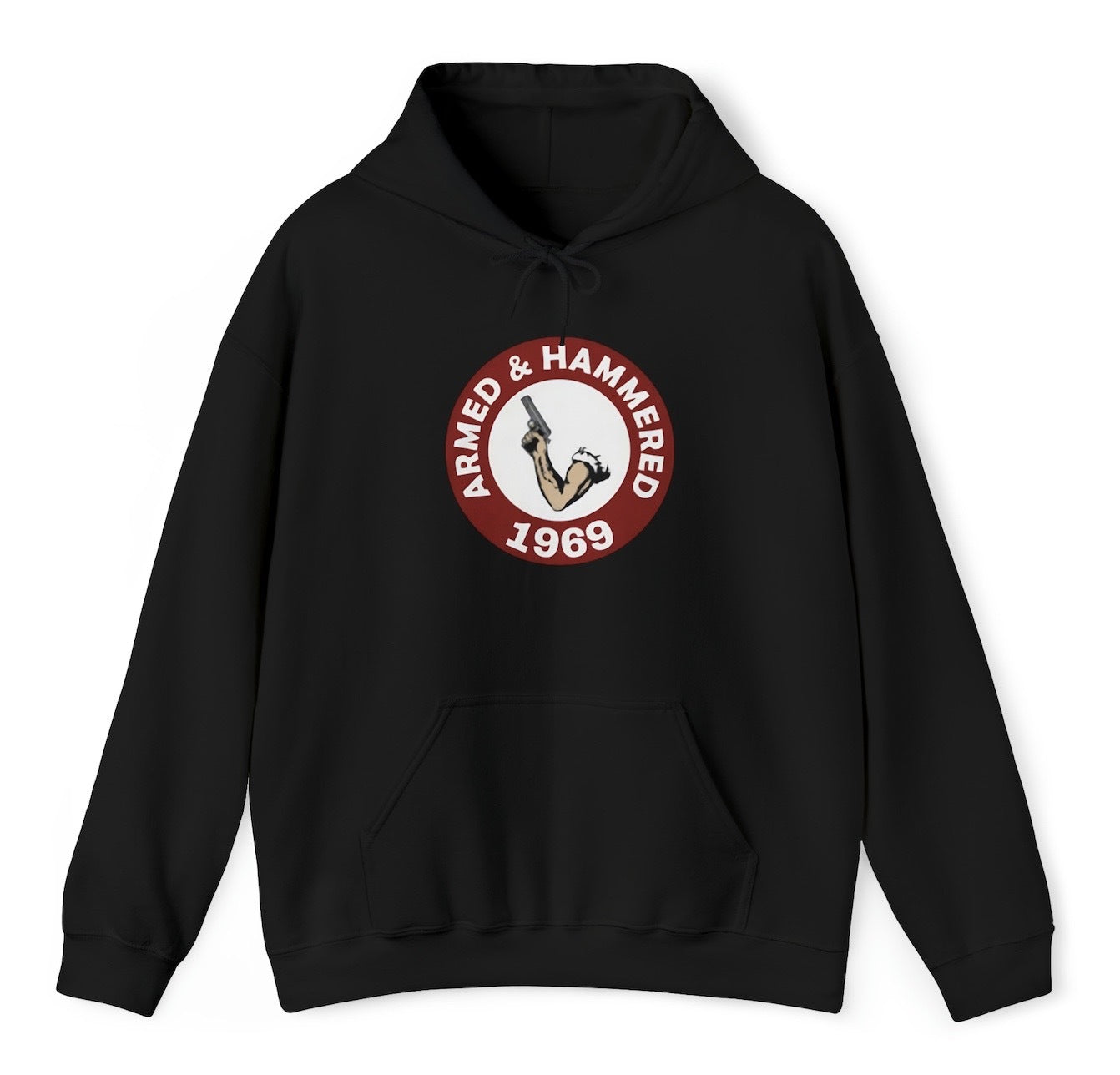 "Funny 'Mens Armed and Hammered 1969' hoodie featuring drinking and gym humor, perfect for fitness enthusiasts with a sense of humor."

