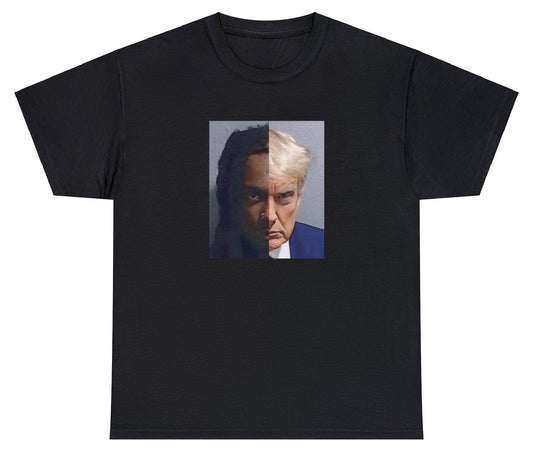 "Bold 'Playboy Carti Trump Mugshot' t-shirt featuring pop culture mashup humor, perfect for fans of rap culture and quirky designs."

