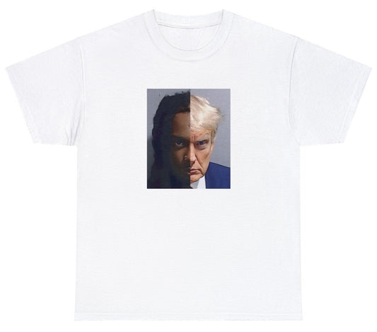 "Bold 'Playboy Carti Trump Mugshot' t-shirt featuring pop culture mashup humor, perfect for fans of rap culture and quirky designs."

