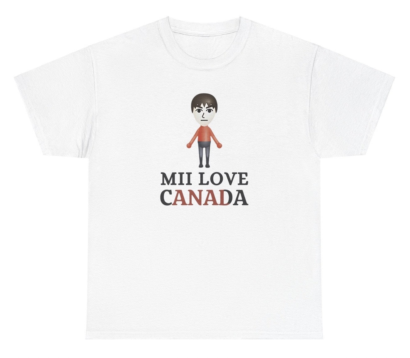 Funny "Mii Love Canada" shirt featuring a Mii character with a double meaning in "Canada" spelling. Perfect for fans of wordplay and edgy humor. Ideal for casual wear and gag gifts.

