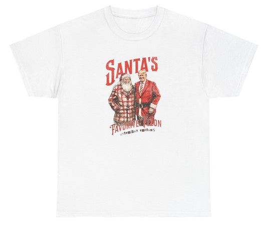 Funny "Santa's Favorite Felon" shirt featuring Santa hugging Donald Trump, blending holiday humor with political satire. Perfect for holiday parties and gag gifts.