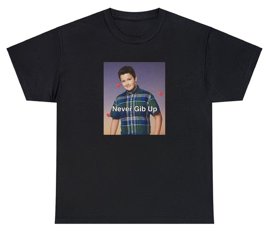 "Funny 'Never Gib Up' t-shirt featuring playful motivational humor, perfect for meme lovers and internet culture enthusiasts."

