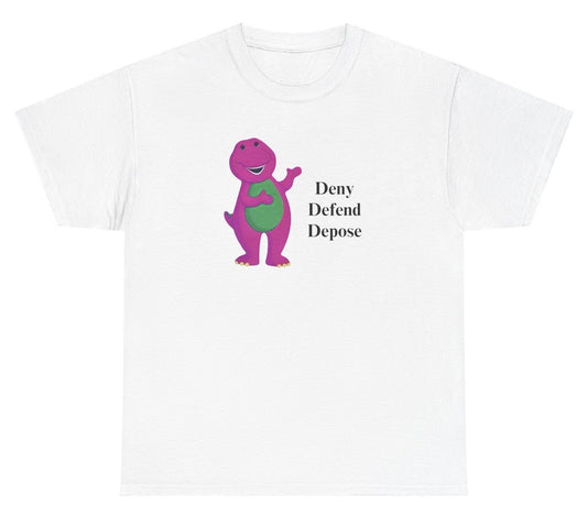 A shirt featuring Barney the Dinosaur with the phrase 'Deny Defend Depose,' referencing the actions of Luigi Mangione against the United Healthcare CEO.