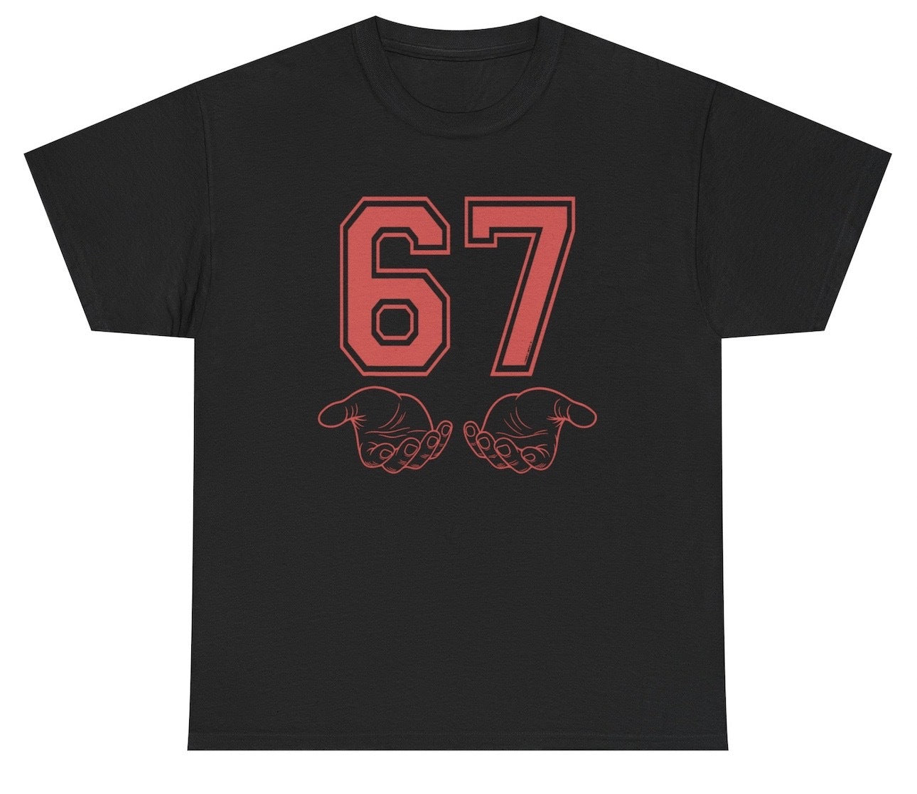 Black t-shirt with red number '67' and abstract designs on a white background