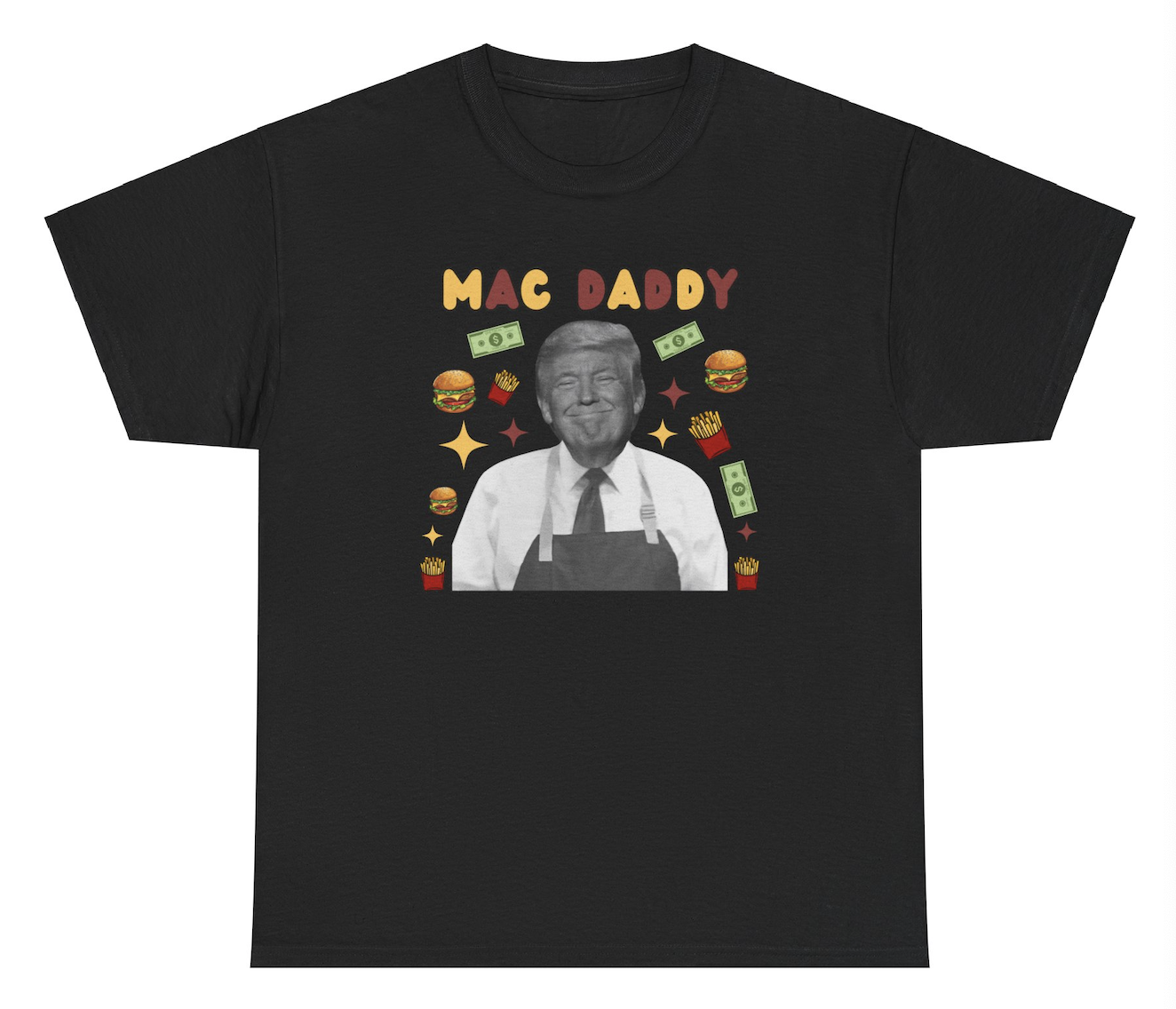 Funny "Mac Daddy" shirt featuring a Donald Trump McDonald’s graphic tied to his election campaign. Perfect for fans of fast food humor and political satire. Ideal for casual wear and gag gifts.

