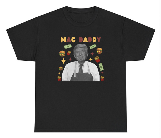 Funny "Mac Daddy" shirt featuring a Donald Trump McDonald’s graphic tied to his election campaign. Perfect for fans of fast food humor and political satire. Ideal for casual wear and gag gifts.

