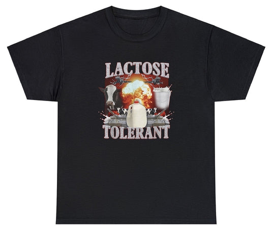 "Quirky 'Lactose Tolerant' t-shirt featuring playful food humor, perfect for fans of dairy puns and funny designs."

