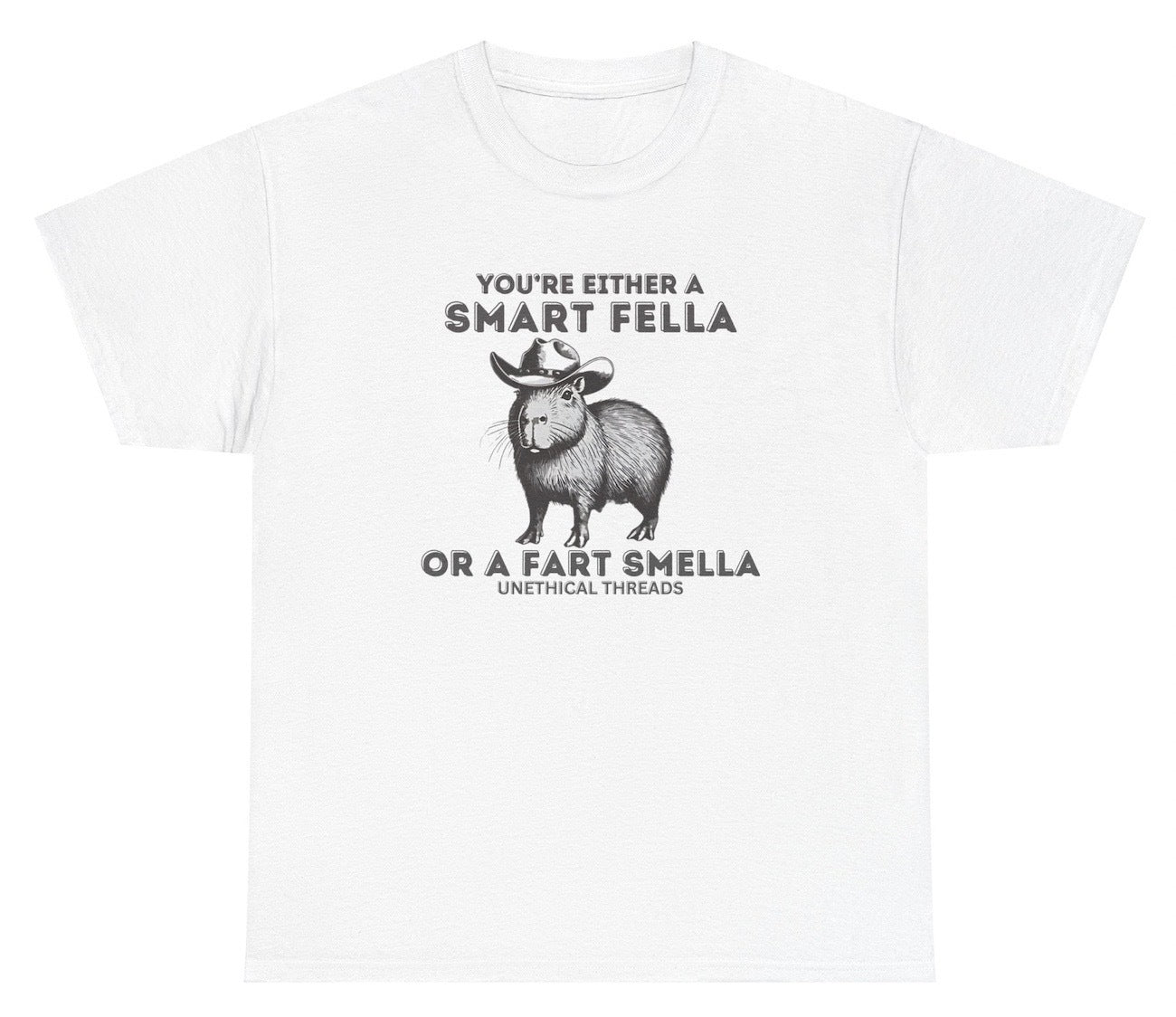 Funny "You’re Either A Smart Fella Or A Fart Smella" shirt featuring a capybara graphic and clever wordplay. Perfect for casual wear and gag gifts.

